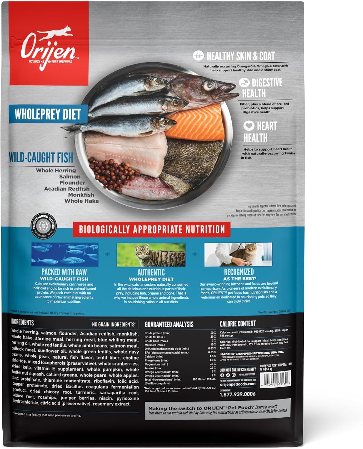 ORIJEN Grain Free WHOLEPREY Dry Cat Food Original Recipe 4lb. Bag | 90% Animal Ingredients, Freeze Dried, Fresh or Raw Ingredients, High Protein, Heart Health, Free-Run Poultry