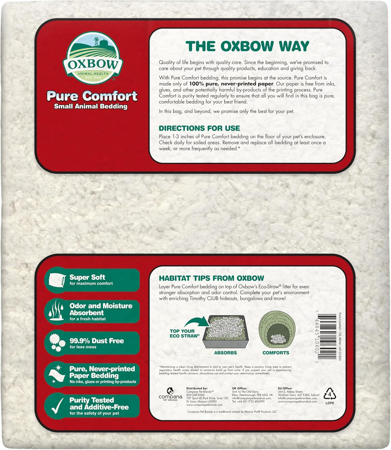 Oxbow Small Animal Bedding, Hamster, Guinea Pig, Rabbit, White, USA, 36 L | Pure Comfort, Hamster Bedding, Guinea Pig Bedding, Low Dust, Virgin Paper, Litter Box, Bunny, Rats, Gerbils, Chinchillas