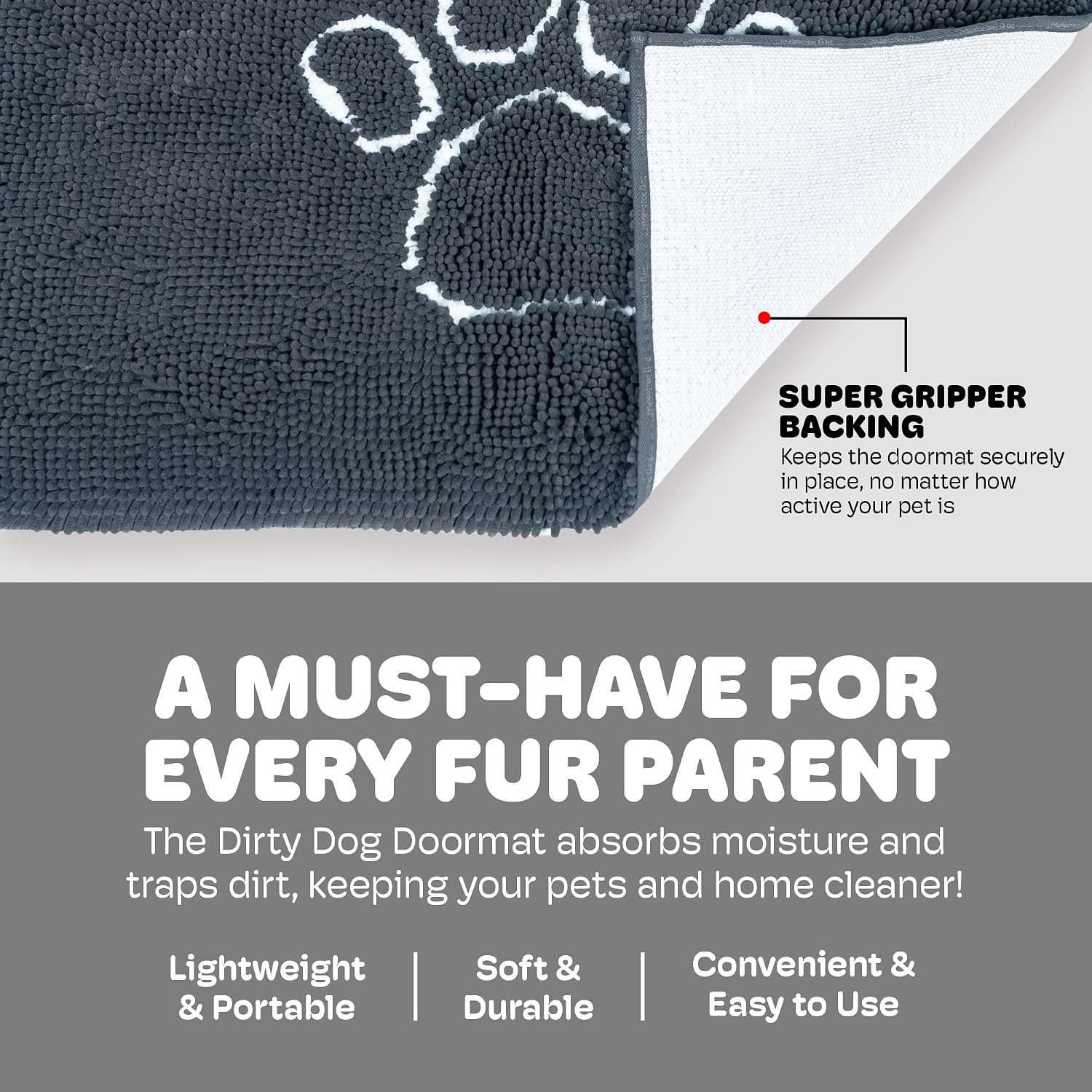 Dog Gone Smart Dirty Dog Doormat - Fast Drying Rug with Super Gripper Backing for Clean Floors - Super Absorbent and Machine Washable Mat for Muddy Paws - Grey