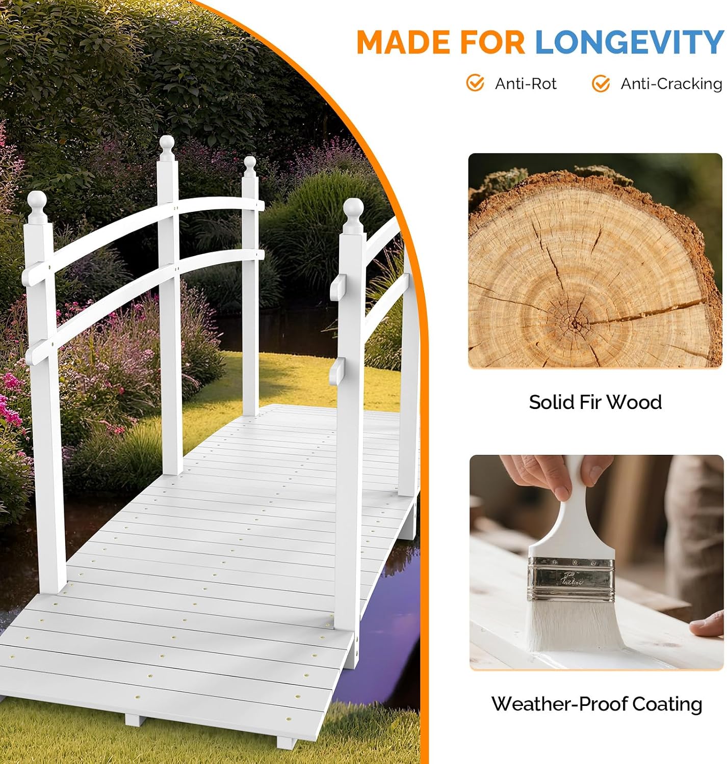 VINGLI 5 ft Garden Bridge, Classic Wooden Arch with Safety Rails Stained Finished Footbridge, Decorative Pond Landscaping, Backyard, Creek or Farm