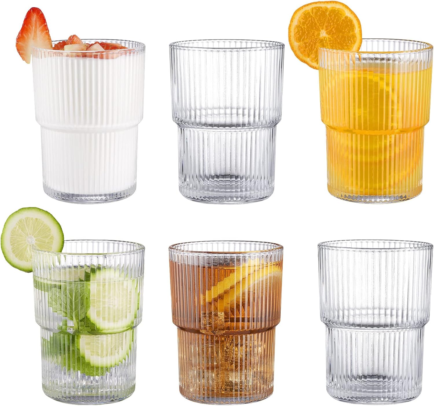 6PCS Ribbed Drinking Glasses, 14Oz Stackable Glass Cup Set for Bar & Kitchen | Fluted Designed
