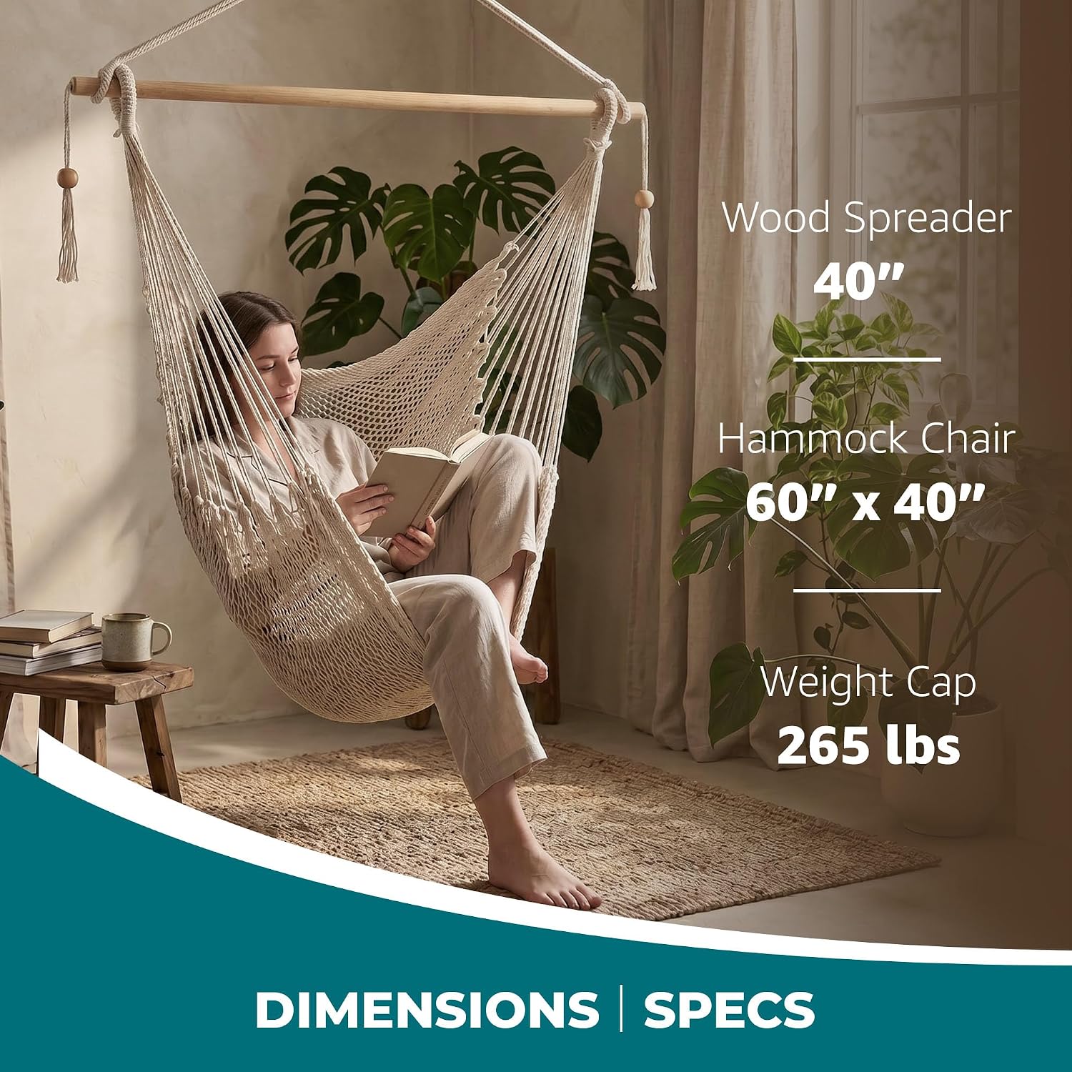 Bliss Hammocks BHC-412NT Island Rope Hammock Chair, Eco Friendly & Hand Woven, Varnish Coated 40 Inch Wood Spreader, Easy to Hang w/Included Hanging Kit, Supports up to 265 pounds, Natural Rope