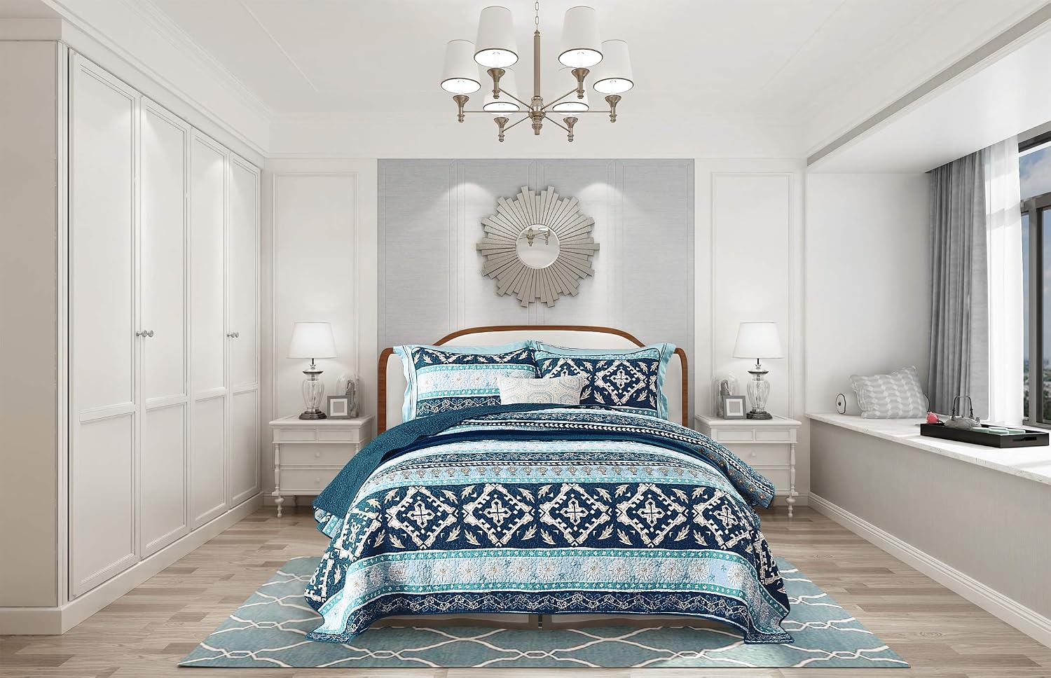 Striped Jacquard Style Cotton 3-Piece Patchwork Bedspread Quilt Sets, Queen Size