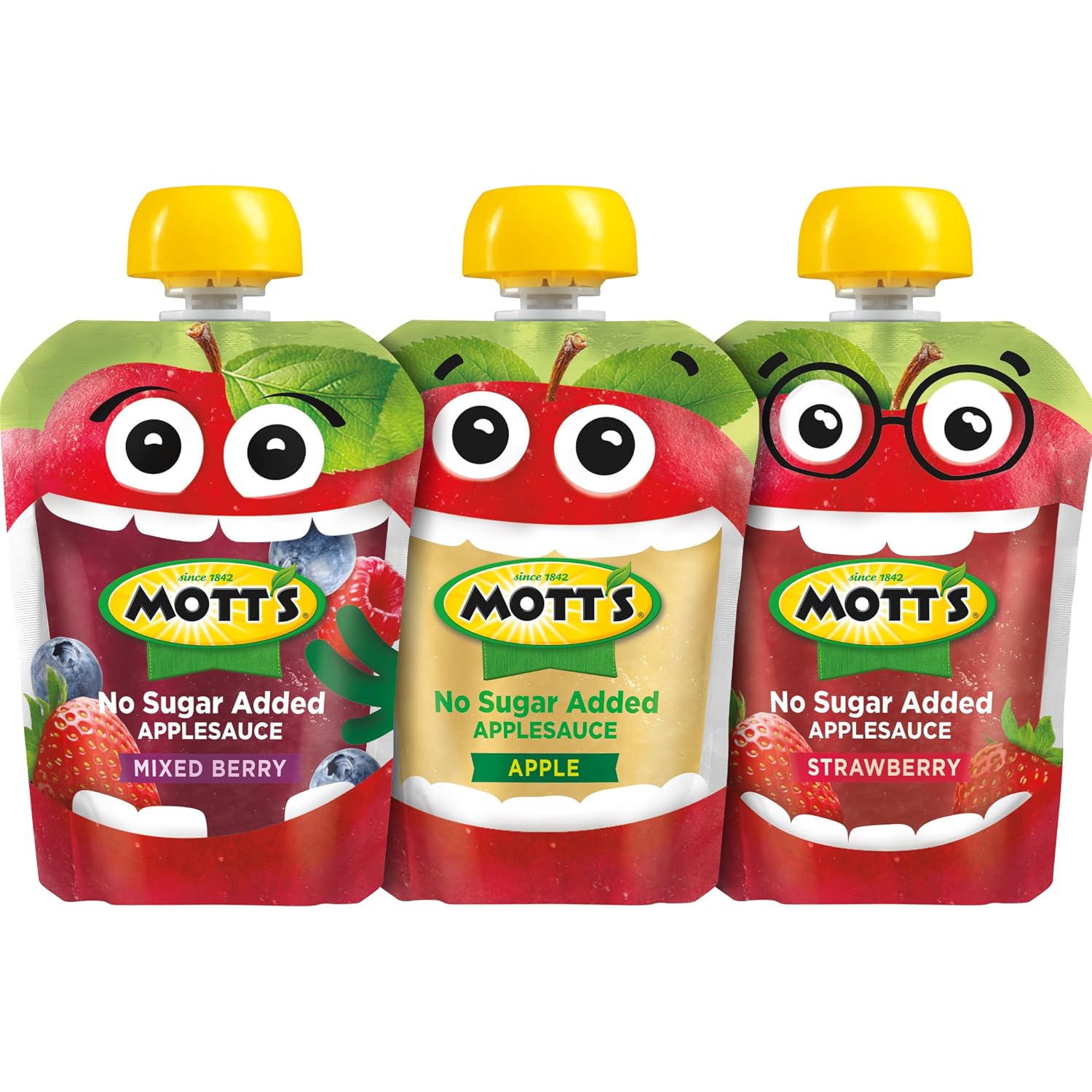 Mott's No Sugar Added Strawberry Applesauce, 3.2 Oz Clear Pouches, 48 Count (4 Packs Of 12), Good Source Of Vitamin C, No Artificial Flavors