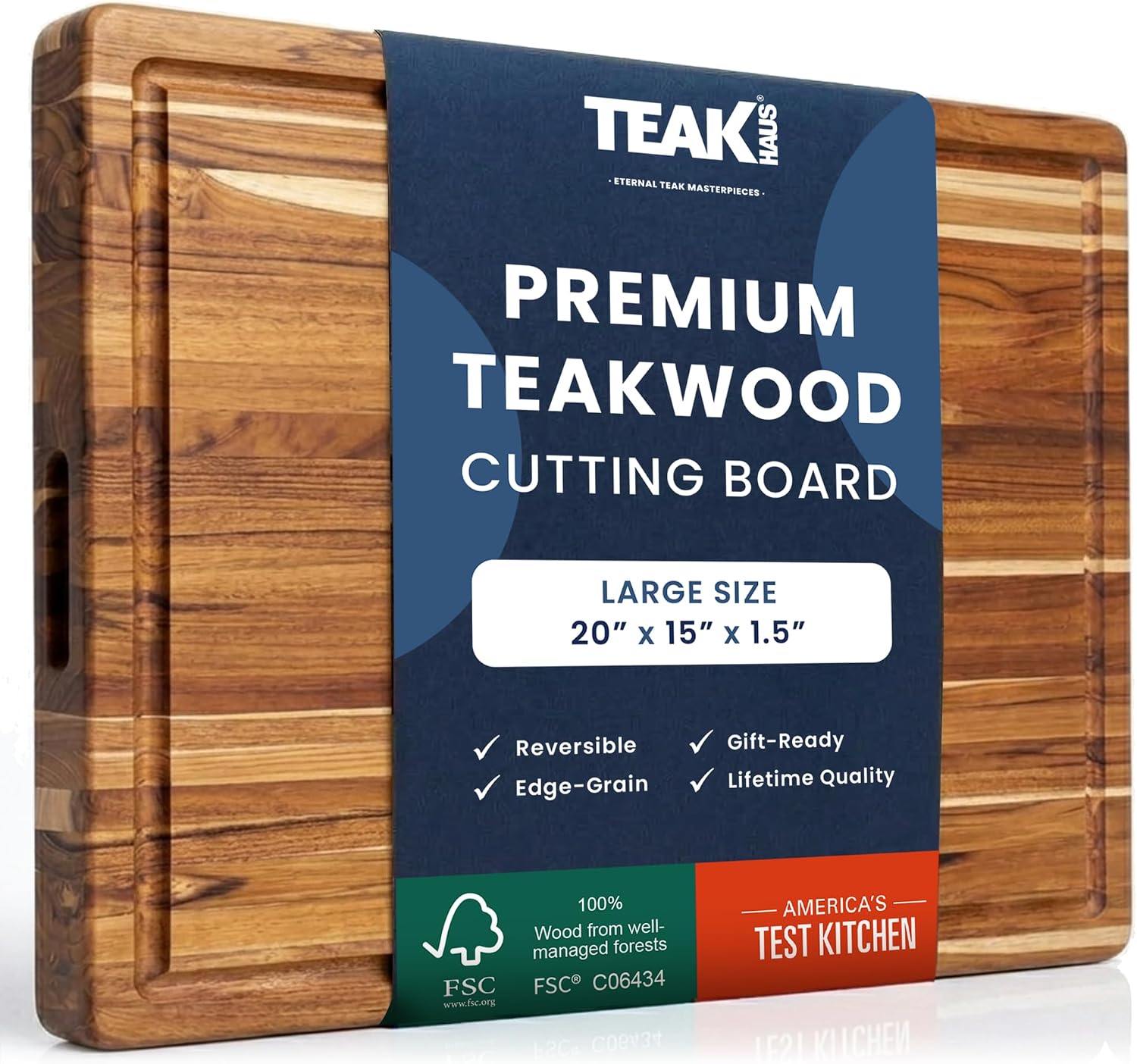Teakhaus Carving Board with Juice Groove - Large (L) Teak Wood Cutting Board 20”L x 15”W x 1.5” Thick - Sustainably Harvested & FSC Certified - Knife Friendly with Beeswax Oil Finish