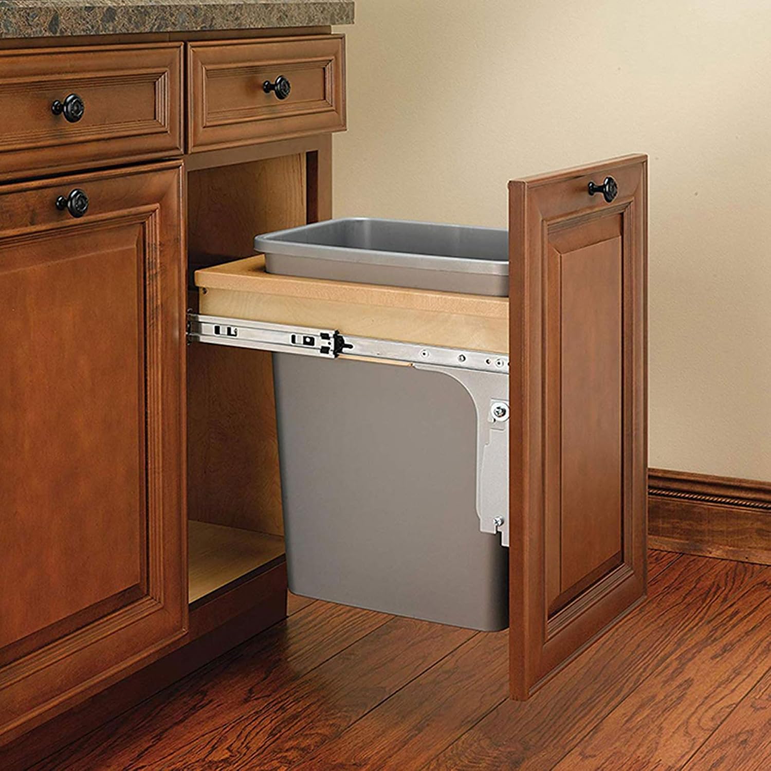 Rev-A-Shelf Top Mount Double Pullout Under Cabinet 35 Quart Kitchen Trash Cans, 150 Pound Rated Full-Extension Slides, 4WCTM-18DM2-419-FL