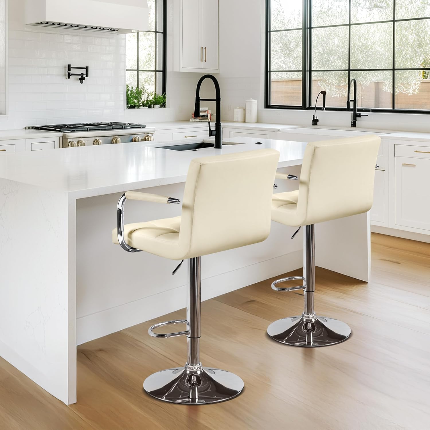 Yaheetech Bar Stools Set of 2, Swivel with Backs, Adjustable Height, White | 360° Swivel Barstools Feature Padded PU Leather Seats, Supportive Backs, 300 lb Capacity for Kitchen Islands