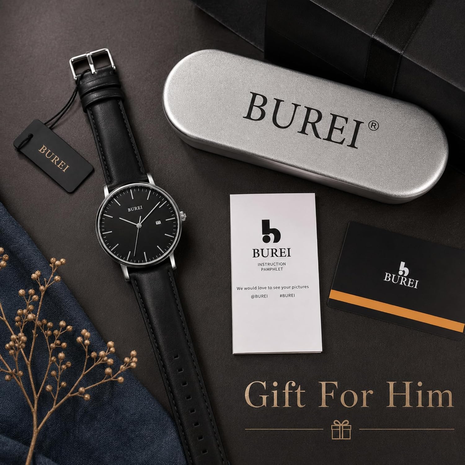 BUREI Men Wrist Watches Fashion Minimalist Thin Analog Quartz Waterproof Watches for Men, Refined Gifts for Men, Boyfriend, Husband, Dad