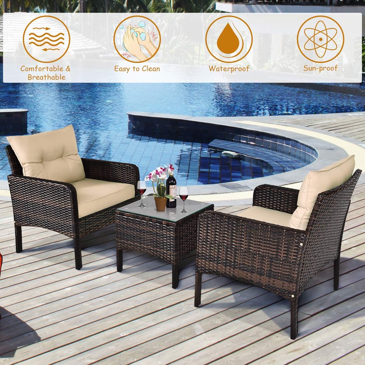 Tangkula 3 Piece Outdoor Patio Furniture Set, Wicker Chairs Set with Glass Top Coffee Table, Thick Cushions