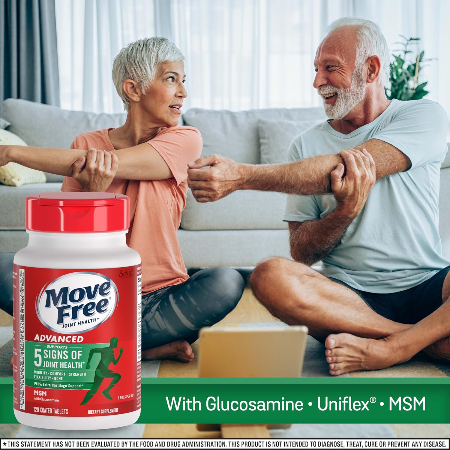 Move Free Advanced Joint Support, Glucosamine, Chondroitin + MSM - 120 ct | Supports Mobility Comfort Strength Flexibility & Bone, 40 Servings, Bone & Joint Support Supplement tablets, Fruitx-B