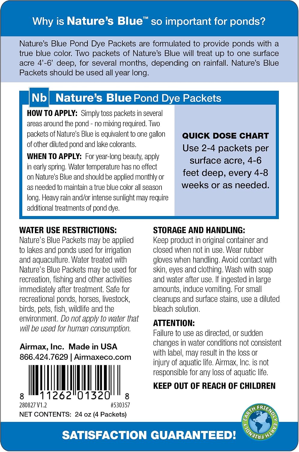 Airmax Pond Dye Plus, Nature's Blue Pond & Lake Water Colorant, 1 Gallon | Natural beneficial bacteria clarifier shades plants and algae from sunlight; fish and livestock safe