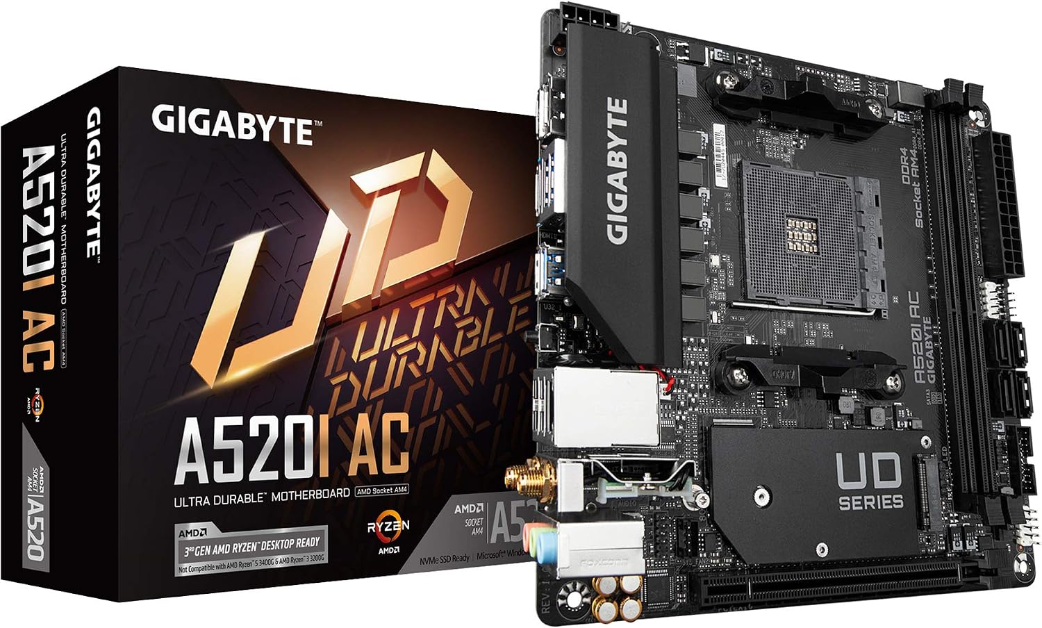 Gigabyte A520I AC (AMD Ryzen AM4/Mini-ITX/Direct 6 Phases Digital PWM with 55A DrMOS/Gaming GbE LAN/Intel WiFi+Bluetooth/NVMe PCIe 3.0 x4 M.2/3
