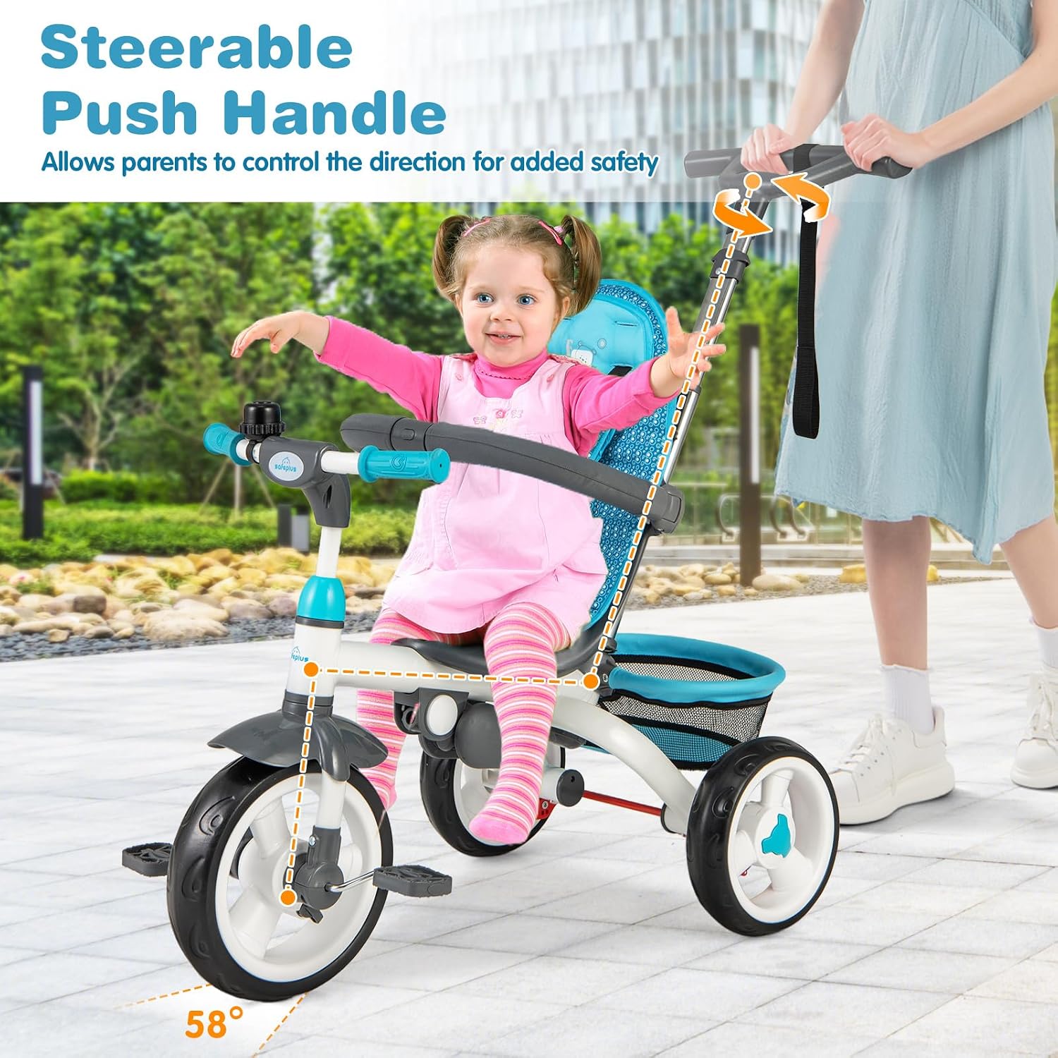 Costzon Tricycle for Toddlers, 6 in 1 Trike w/Parent Handle, Adjustable Canopy, Storage, Safety Harness & Wheel Brakes, Baby Push Tricycle Stroller for Kids Boys Girls Aged 9 Month-5 Years Old, Blue