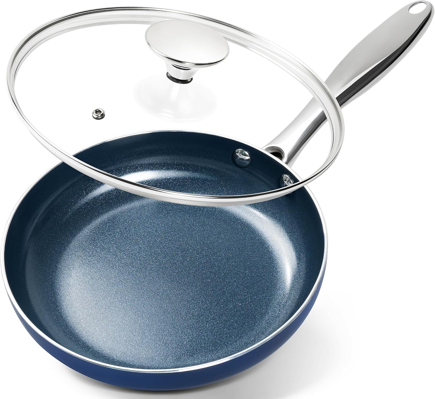 MICHELANGELO 10 Inch Frying Pan with Lid, Blue Frying Pan with Nonstick Diamond Infused Coating, Nonstick Frying Pans, Diamond Fry Pan Blue