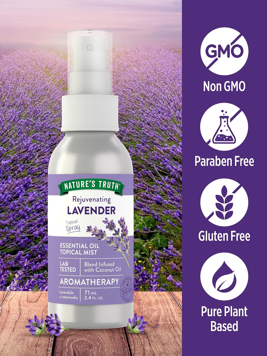 Nature's Truth Lavender Essential Oil Spray | 2.4 fl oz | Room Aroma Mist, Topical Use, & Yoga | Room Aroma Mist, Topical Use & Yoga