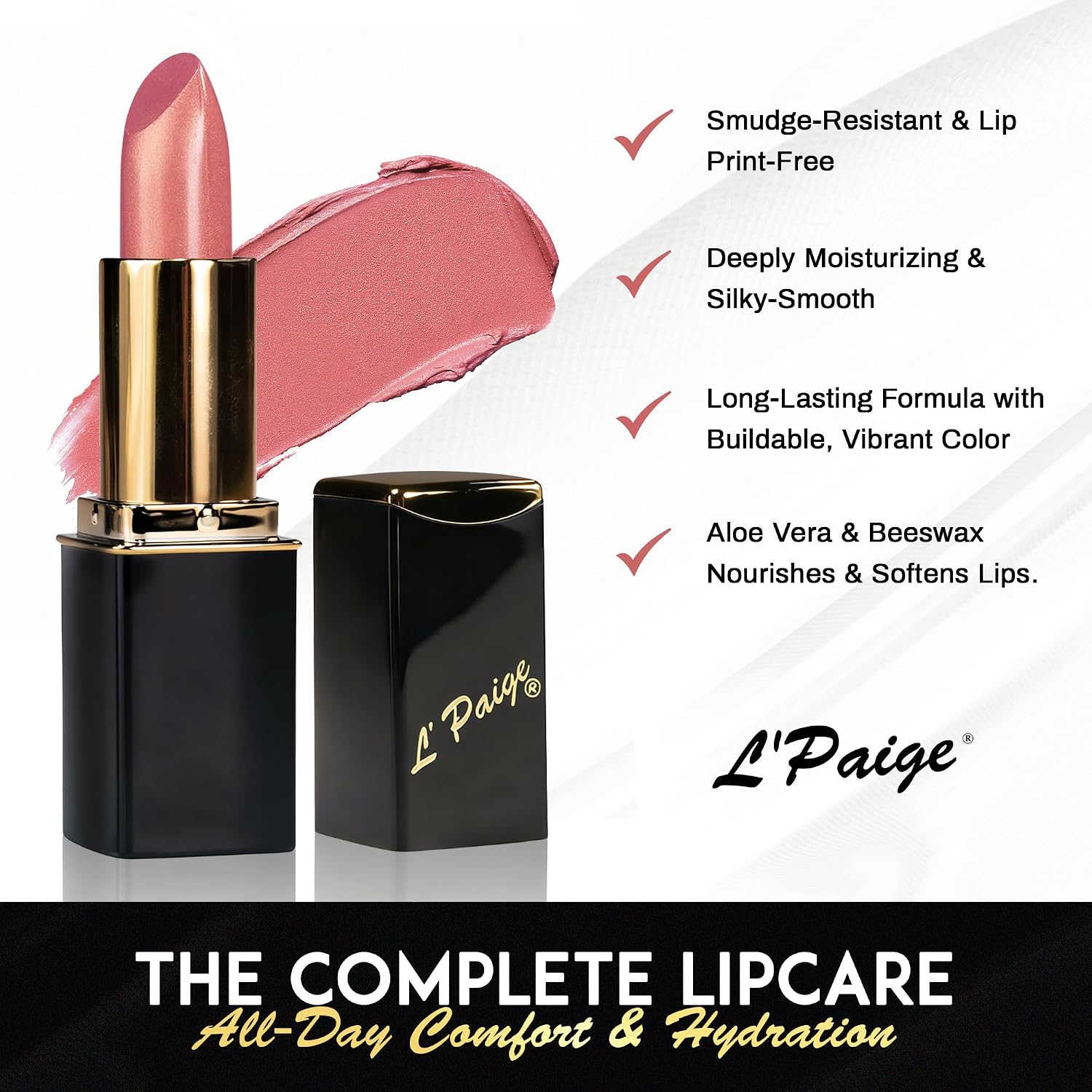 L’Paige Rosy Pearl Lipstick | Sheer Neutral Rose Lip Color | Aloe Vera Moisturizing Formula | Long-Lasting Hydrating Finish | Soft Silvery Pink Shade L56