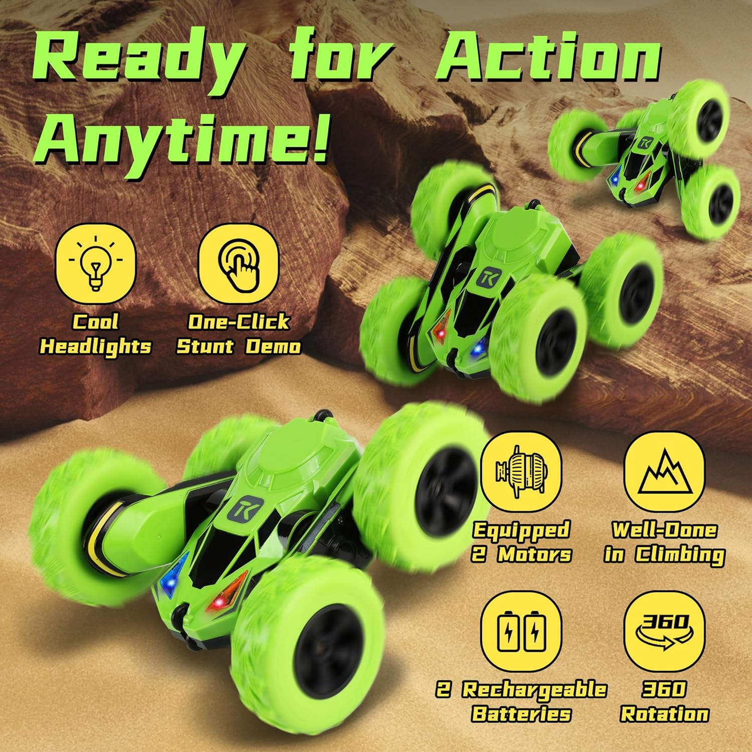 Threeking Remote Control Flip Stunt Car Double Sided Driving Toys Gifts | Durable RC Cars with Breathing Soft Lights for Boys Girls Ages 6-12