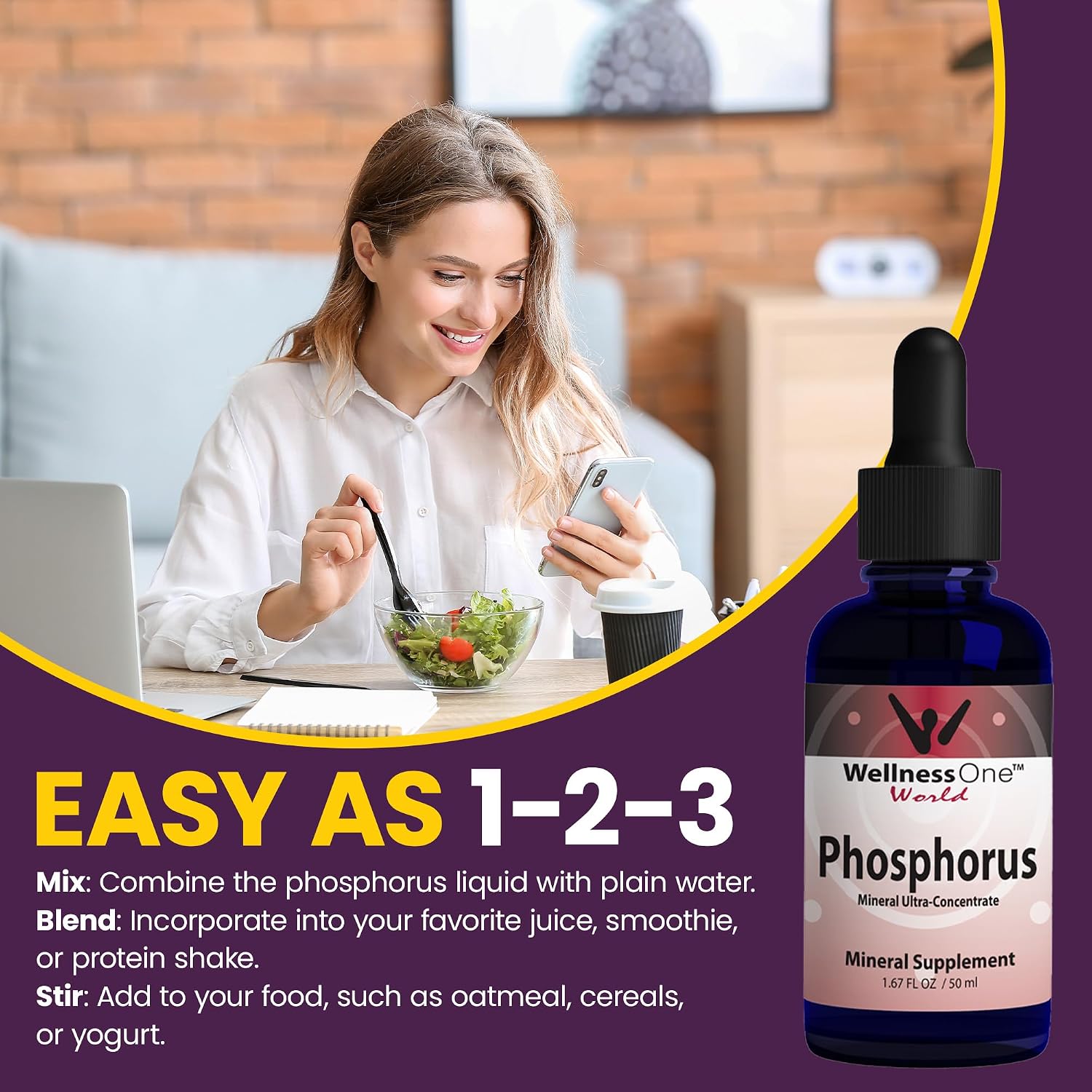 WellnessOne Ionic Phosphorus Supplements - Phosphorus Liquid from Ortho Phosphoric Acid for Teeth, Bone Health, & Energy Support - Non-GMO, Vegan