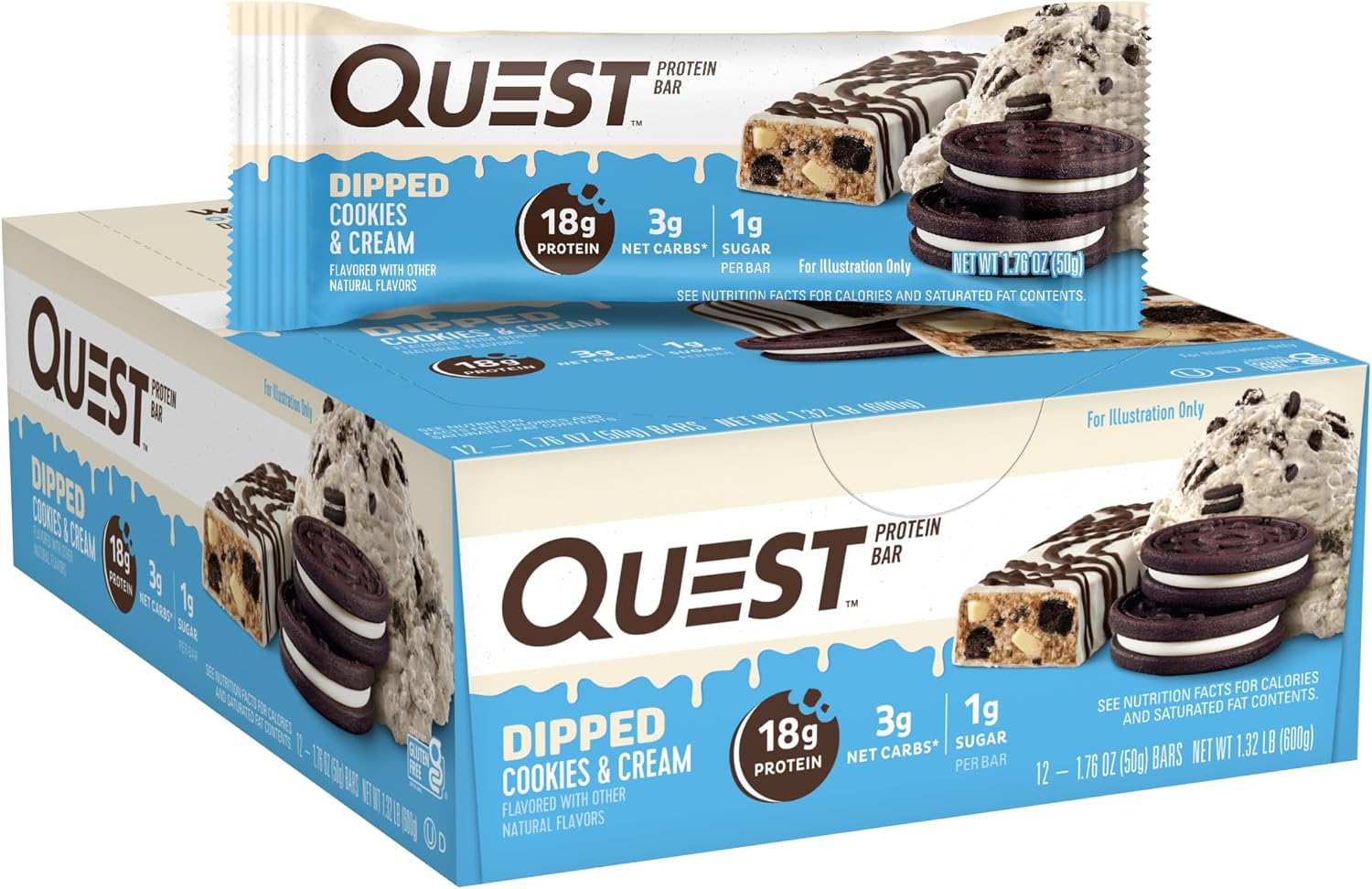 Quest Nutrition Oatmeal Chocolate Chip Protein Bars, 20g Protein, 12 Count | 12g Fiber, 5g Net Carbs, 1g Sugar, Gluten Free, High Quality Protein, Soft and Chewy, Individually Wrapped 2.12oz Bars