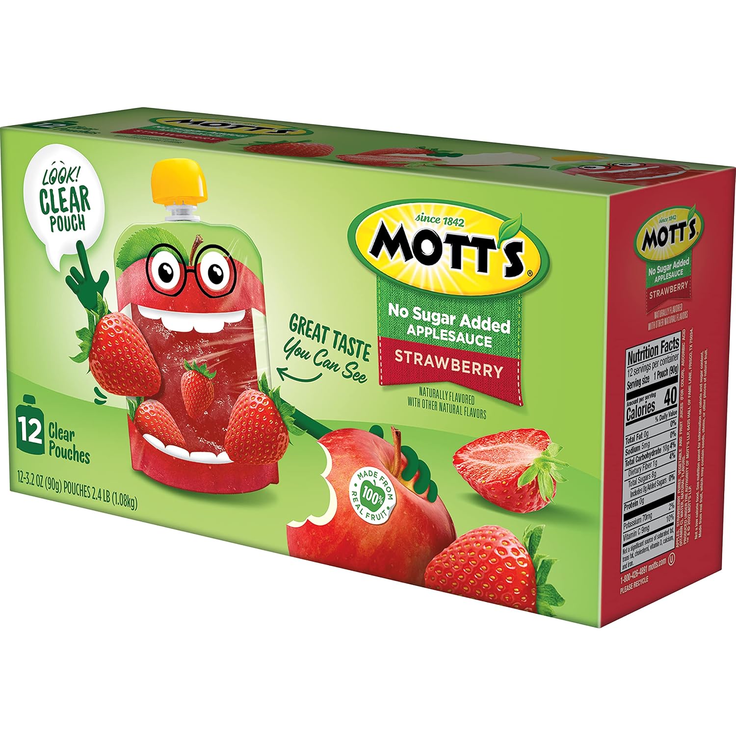 Mott's No Sugar Added Strawberry Applesauce, 3.2 Oz Clear Pouches, 48 Count (4 Packs Of 12), Good Source Of Vitamin C, No Artificial Flavors