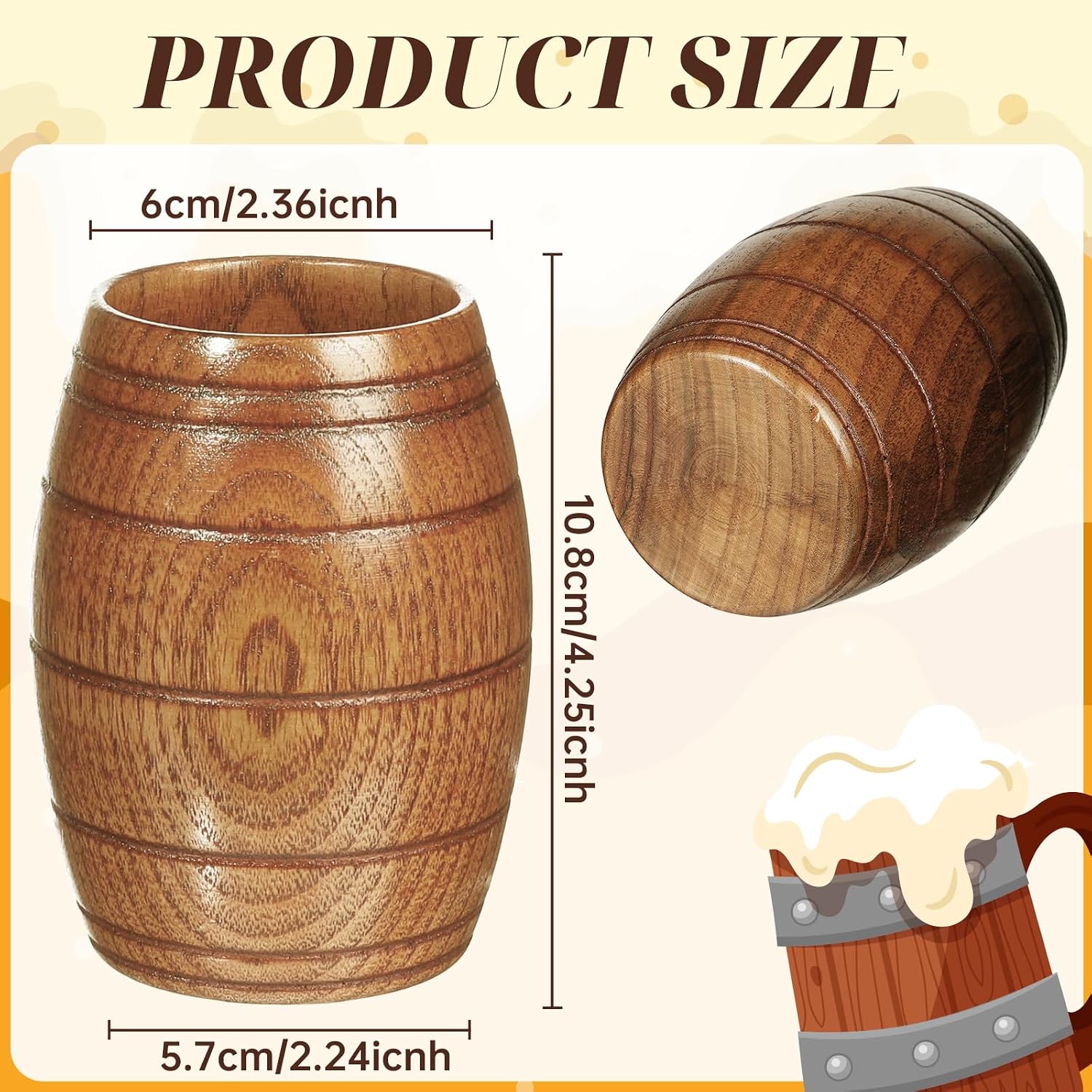 IUAQDP 2 Pieces Novelty Wood Barrel Shaped Wooden Drinking Beer Tea Cup Home Decor New Camping Cup Wood Coffee Mugs