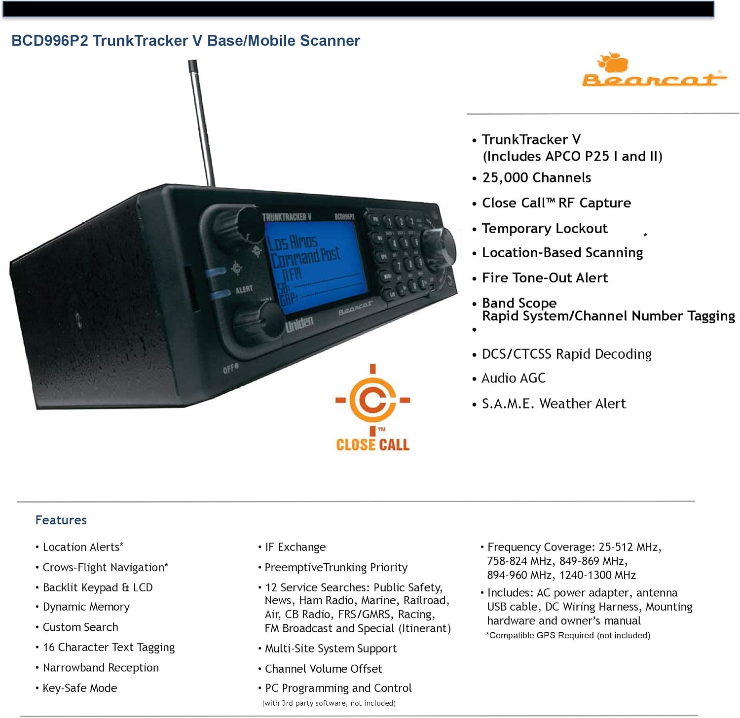 Uniden BCD996P2 Digital Mobile TrunkTracker V Scanner, 25,000 Dynamically Allocated Channels & (BC7) Bearcat 7-Watt External Communications Speaker