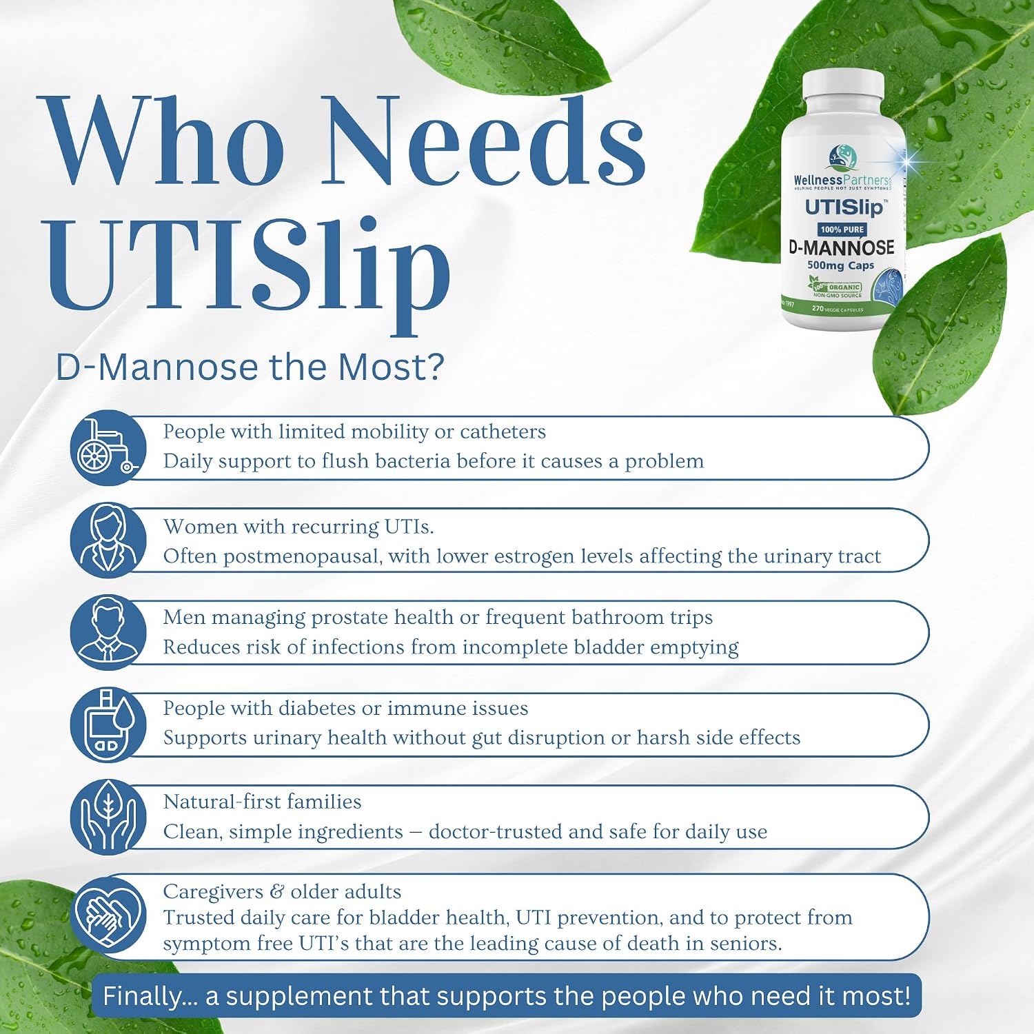 UTI Slip D-Mannose Non GMO Organic Source Veggie Capsules 90 Count (500 Mg)