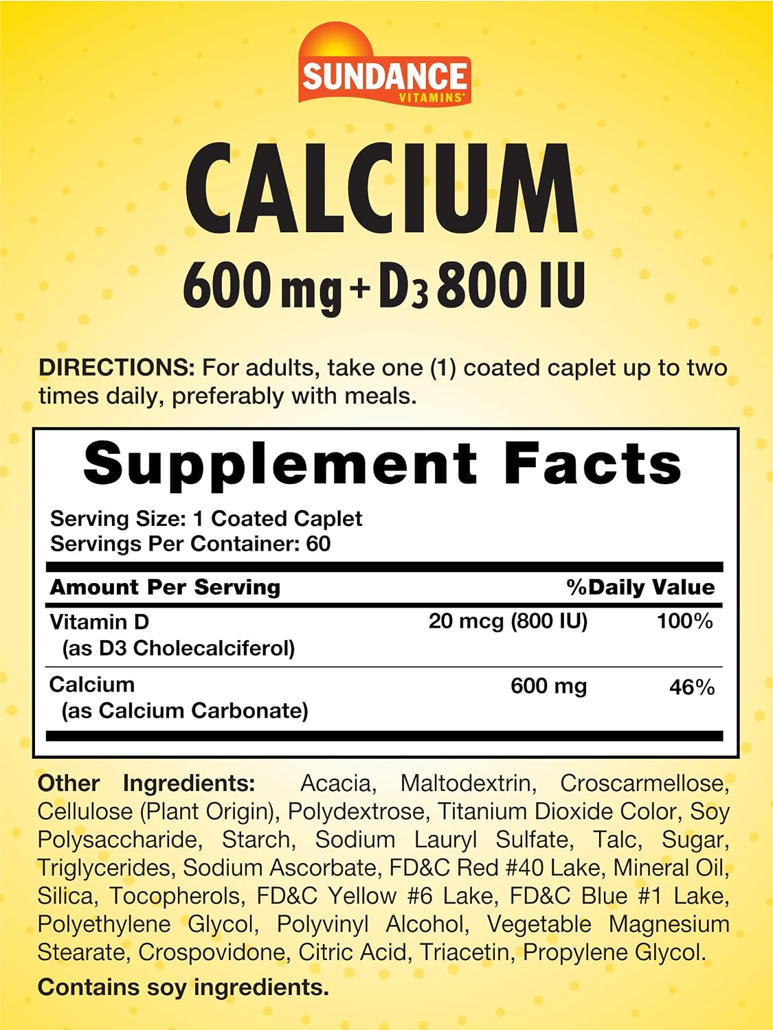 Sundance Calcium 600mg with D3 | 60 Caplets | Vegetarian, Non-GMO, and Gluten Free Supplement
