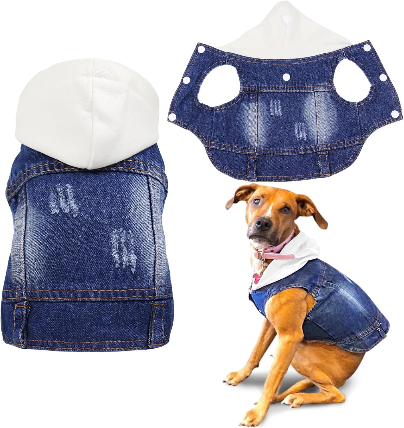 SILD Pet Dog Jeans Jacket Vest with Hooded Blue Dogs Hoodies Denim Cat Coat | Boy Girl Male Dogggie Puppy Cute Vintage Cool Classic Small Medium Machine Washable Apparel Clothes Outfit T-Shirts Costume