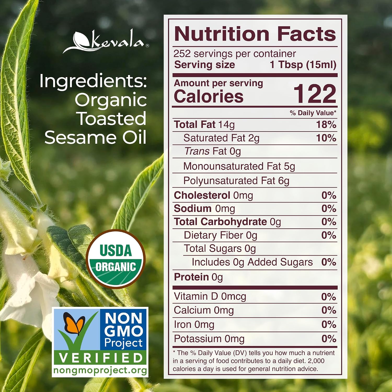 Kevala Organic Toasted Sesame Oil - 1 gal, Made with Organic Sesame Seeds | Medium Smoke Point Suitable for Light Roasting and Stir-Frying, Kitchen Pantry Essential Vegetable Oil, Salad Dressing Base
