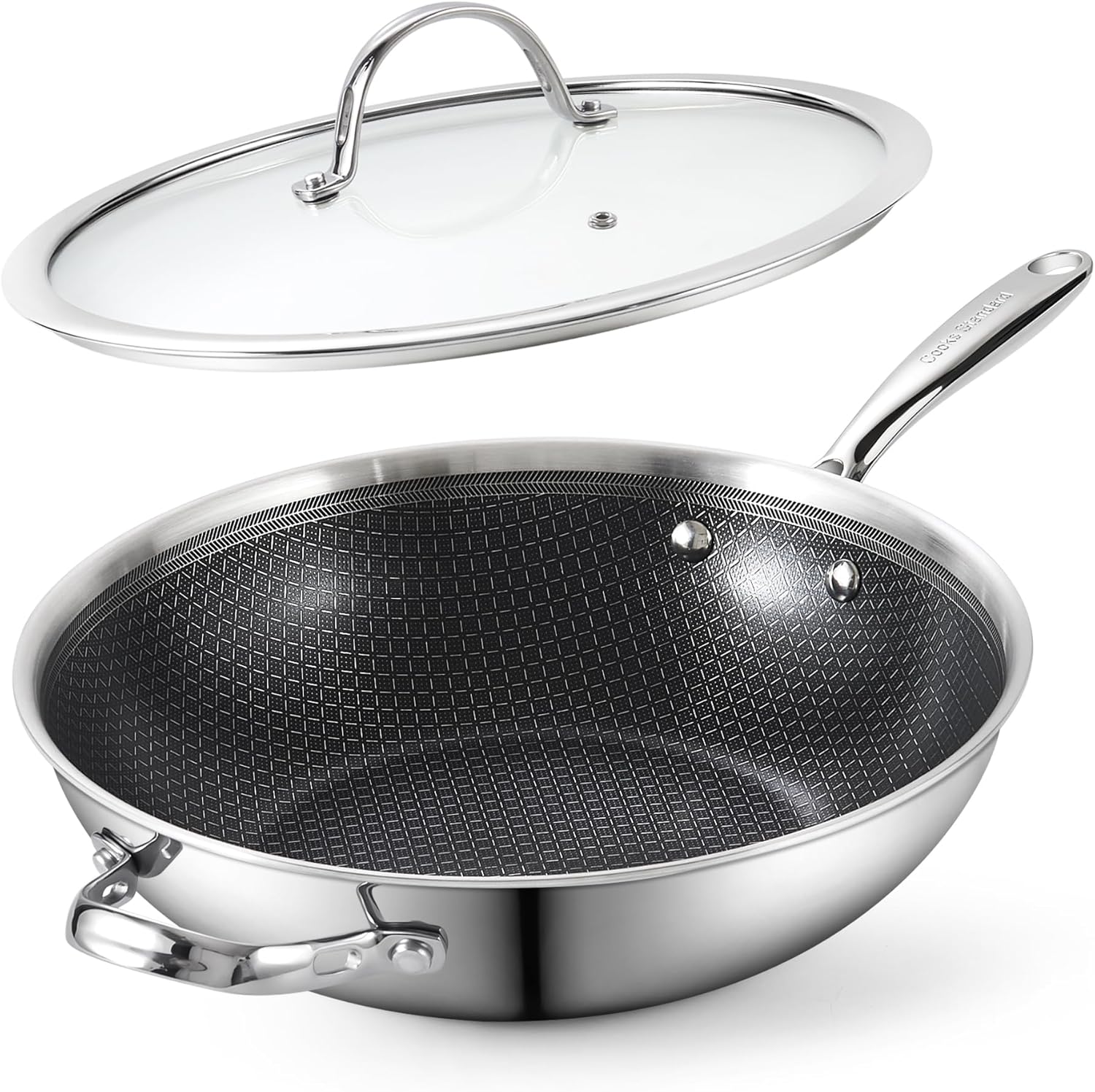 Cooks Standard Multi-Ply Clad 12 Inch Stainless Steel Wok Pan, Stir Fry Pan with Glass Lid, Induction Cookware, Dishwasher & Oven Safe, Compatible with All Cooktops