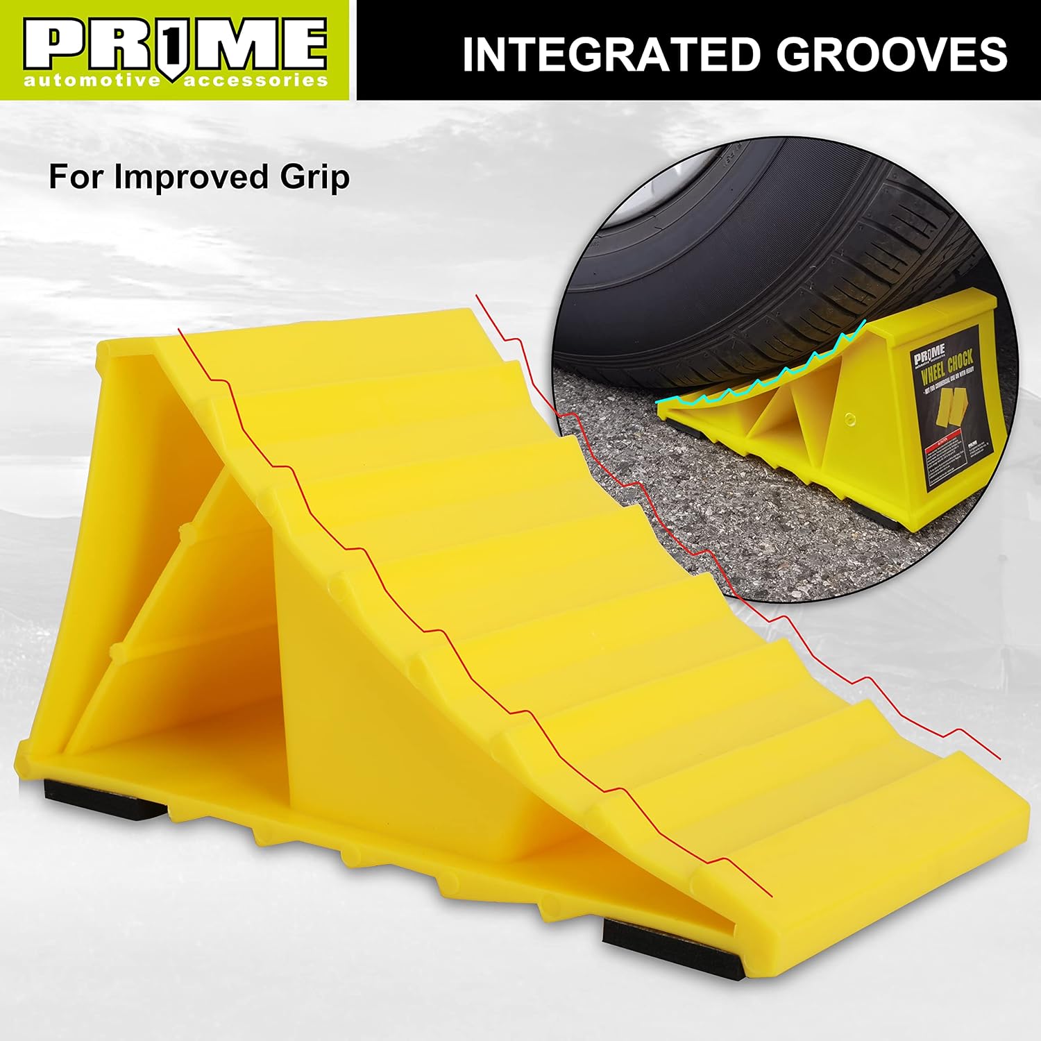 PR1ME Wheel Chocks with Non-Slip Base for RV & Trailer. 2 Pack Heavy Duty Wheel Chock with Bright Yellow. Lightweight Wheel Stoppers for Cars Camper
