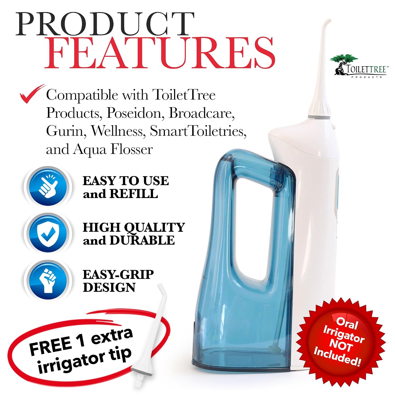 ToiletTree Products Extended Capacity Oral Irrigator Water Tank with Bonus Tip, Compatible with Many Brands