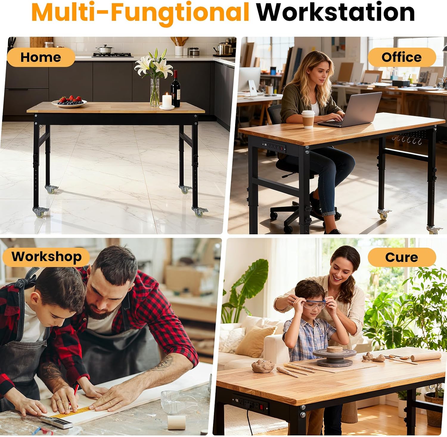 48" Adjustable Workbench, 8-Level Height Adjustable Rolling Work Table with Casters & Scale, Sit & Stand 2-in-1 Garage Tool Table with Pegboard & Hooks, for Workshop, Warehouse, DIY Projects