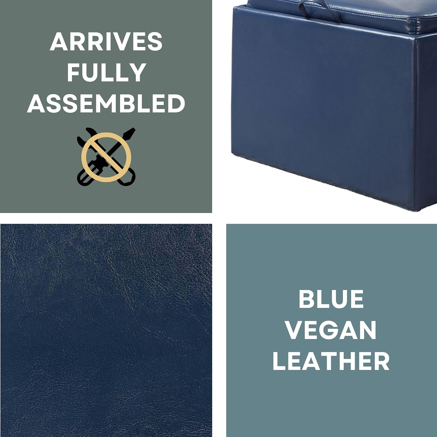 Convenience Concepts Designs4Comfort Accent Storage Ottoman 22.75" - Modern Foot Stool with Decorative Tray for Living Room, Dining Room, Office, Blue Faux Leather