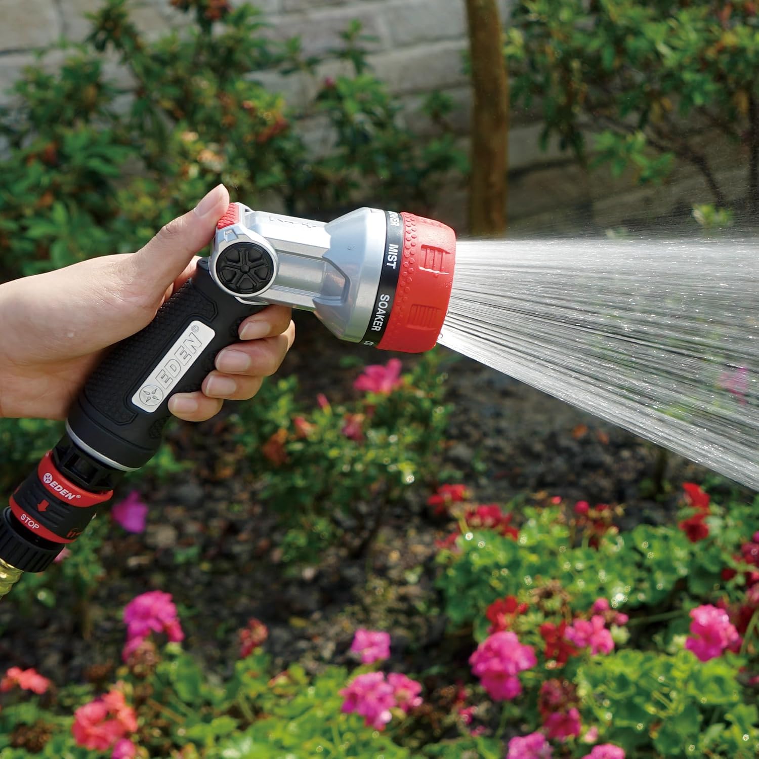Eden Metal 7-Pattern Hose Nozzle: Thumb Control, Heavy-Duty Zinc Alloy