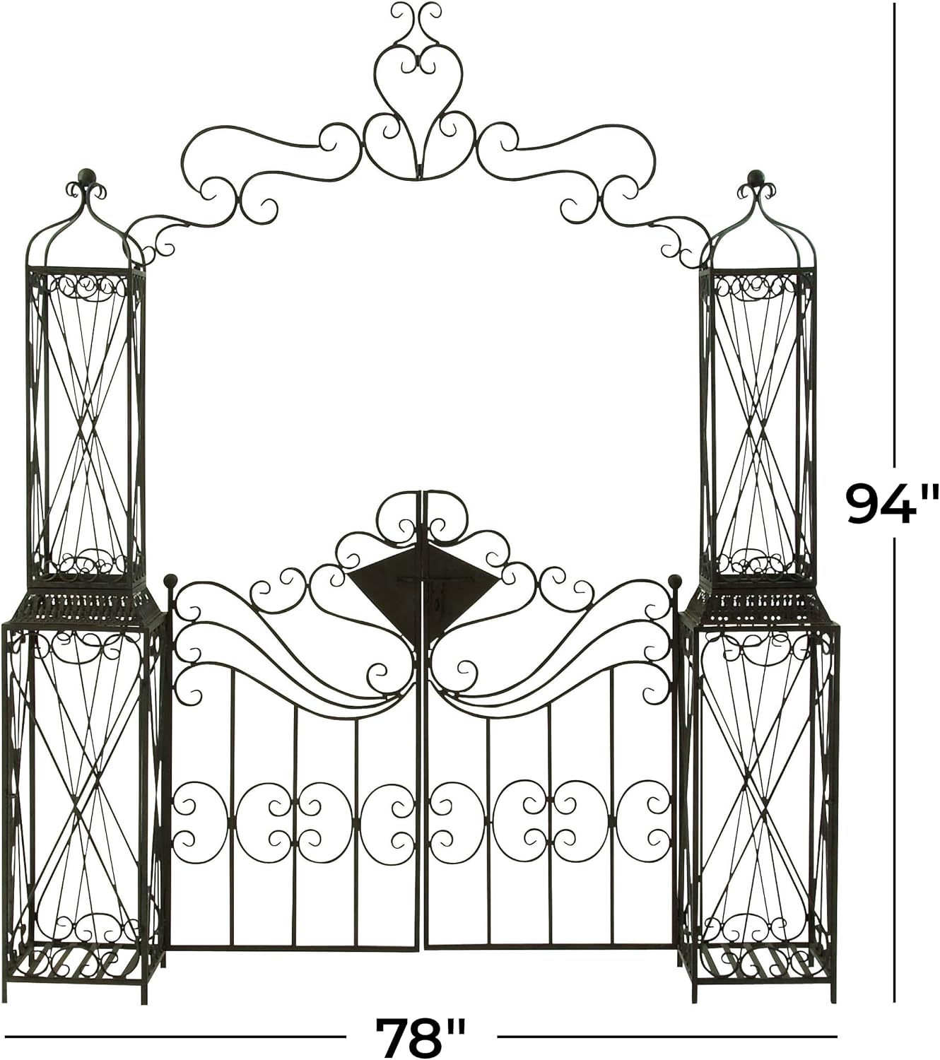Deco 79 Metal Indoor Outdoor Garden Arbor, 78" x 14" x 94", Matte Bronze | Elevate patios and gardens, metal garden arch trellis, metal trellis for climbing plants outdoor, double doors, scroll latch