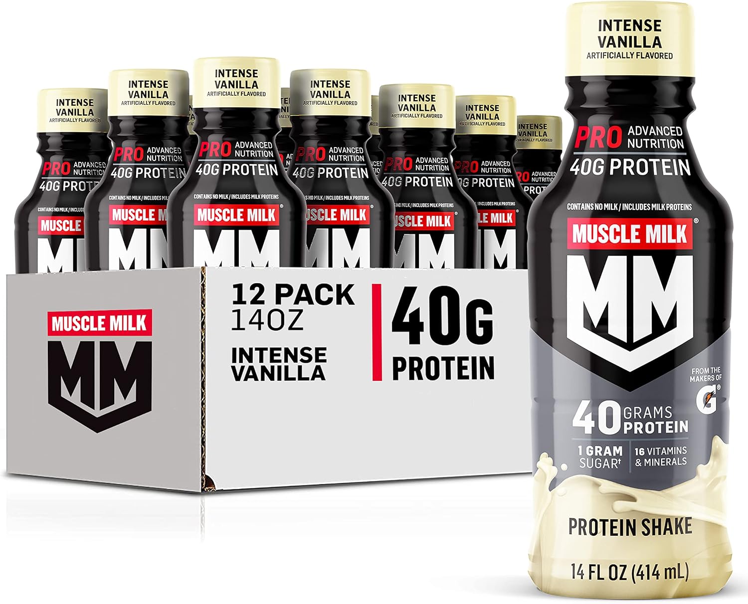 Muscle Milk Pro Advanced Nutrition Protein Shake, Knockout Chocolate, 14 Fl Oz Bottle, 12 Pack, 40g Protein, 1g Sugar, 16 Vitamins & Minerals, 6g Fiber, Workout Recovery, Packaging May Vary