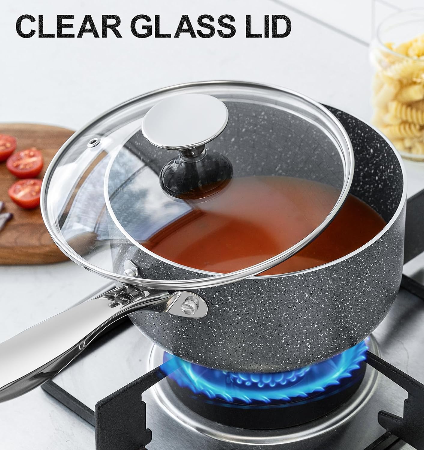 MICHELANGELO 2 Quart Saucepan with Lid, Nonstick Sauce Pan with Healthy Coating, Granite Sauce Pan with Stainless Steel Handle