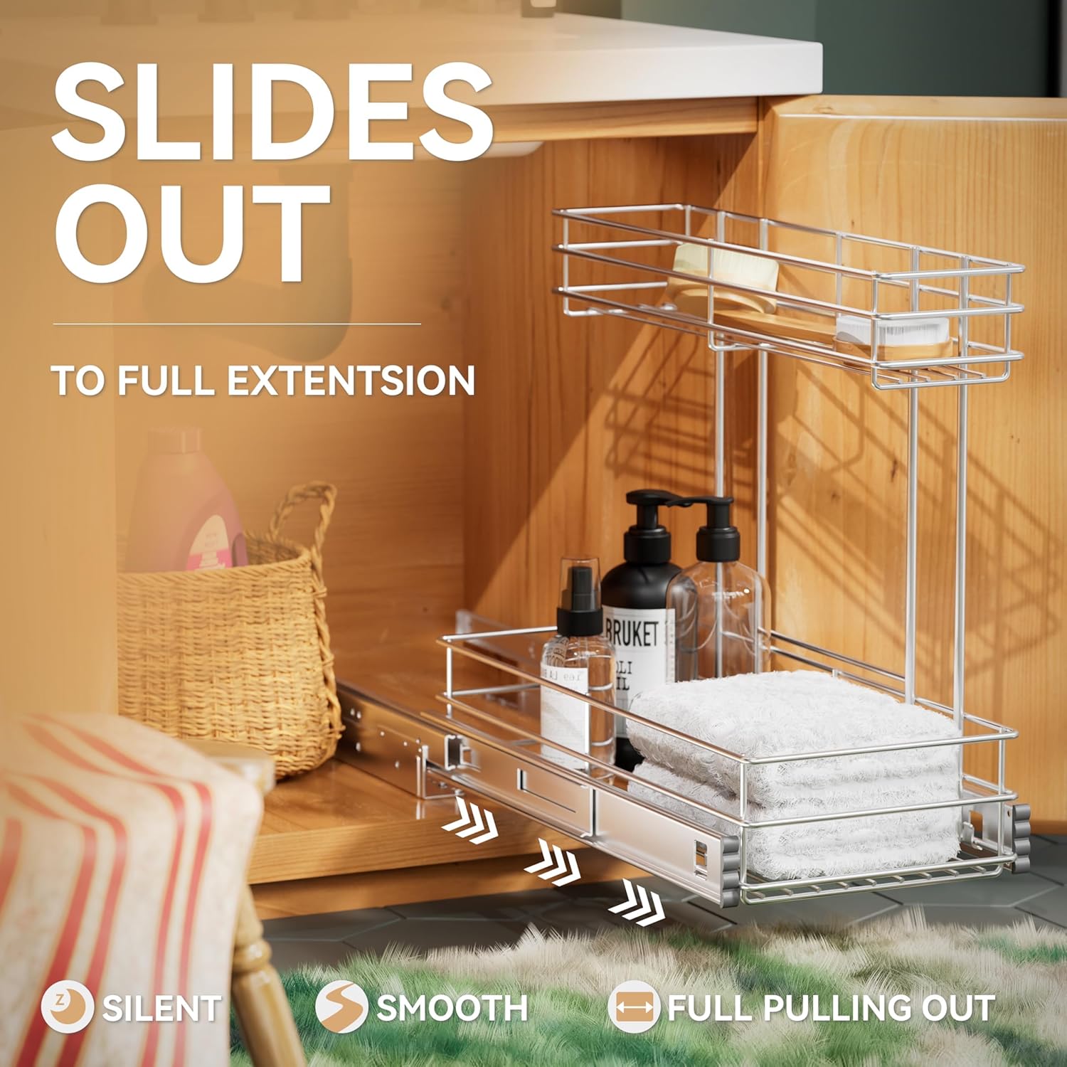 Under Sink Organizer 9" W X19 D, Pull Out Cabinet Organizer 2 Tier
