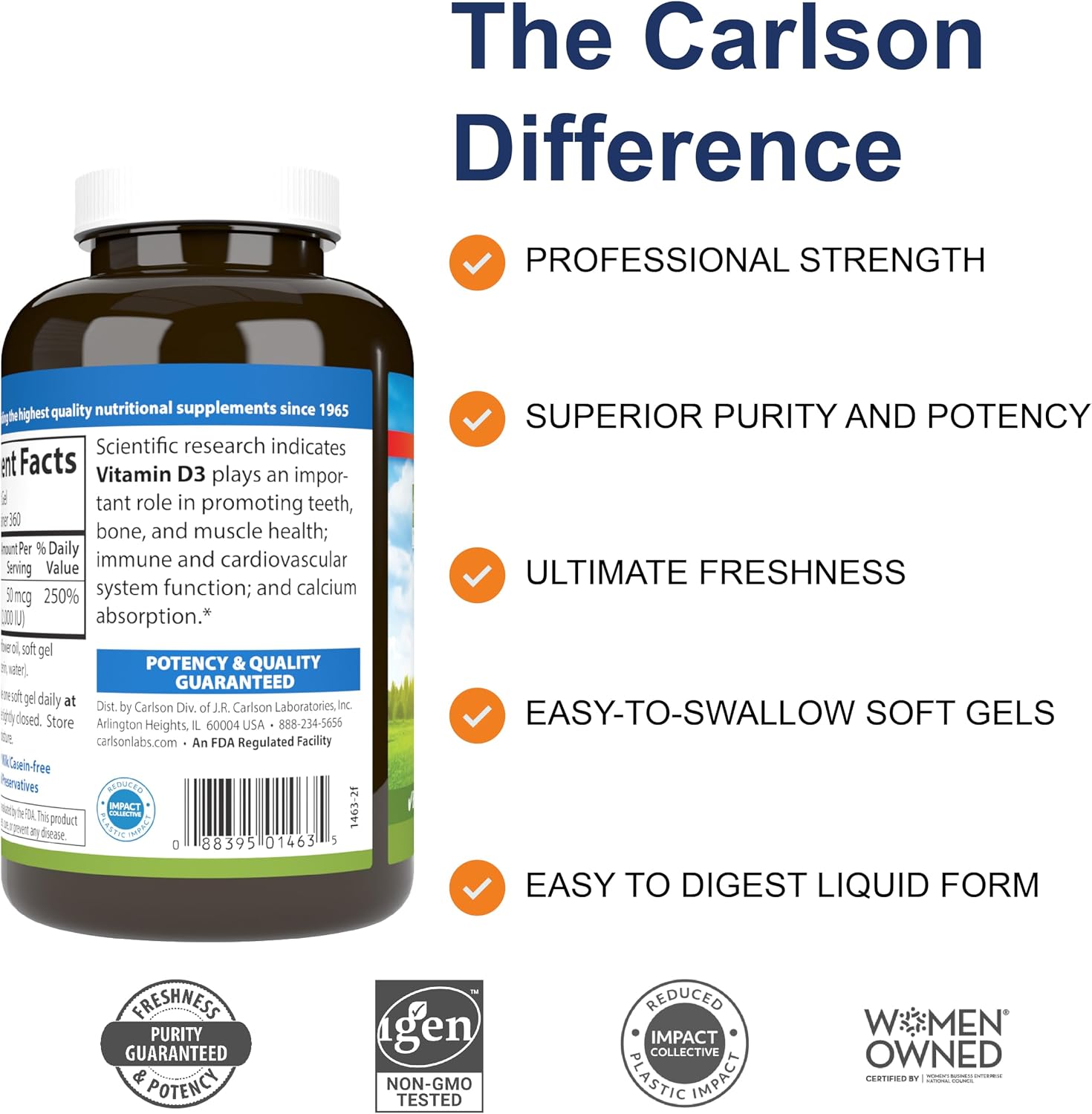 Carlson Vitamin D3, 2000 IU (50 mcg), Bone Health, 360 Softgels | Muscle Health; Cholecalciferol; Vitamin D Supplements; Vitamin D3 Soft Gels
