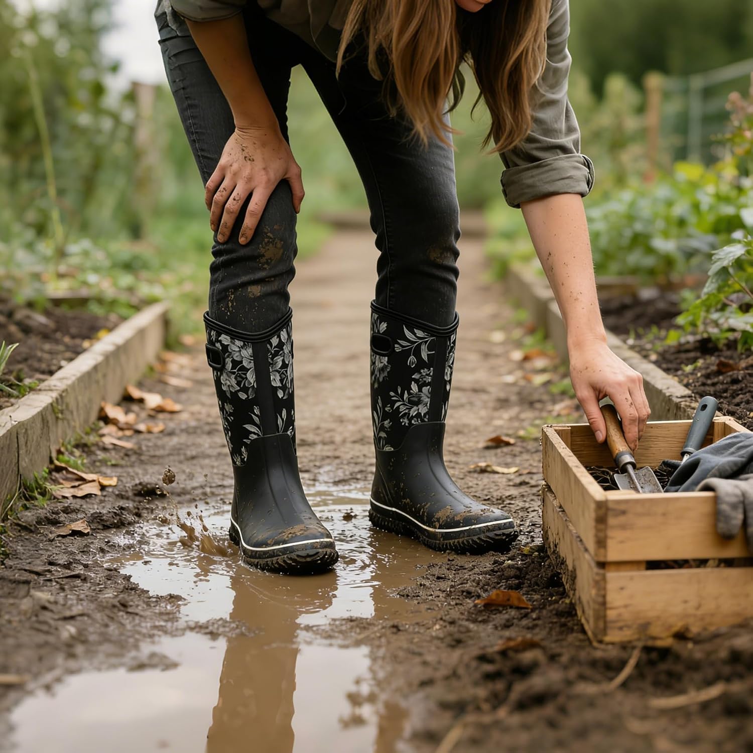 WTW Womens Mid Calf Rain Boots - Waterproof Insulated Neoprene Rubber Boots Mud Outdoor Hunting Garden Boots