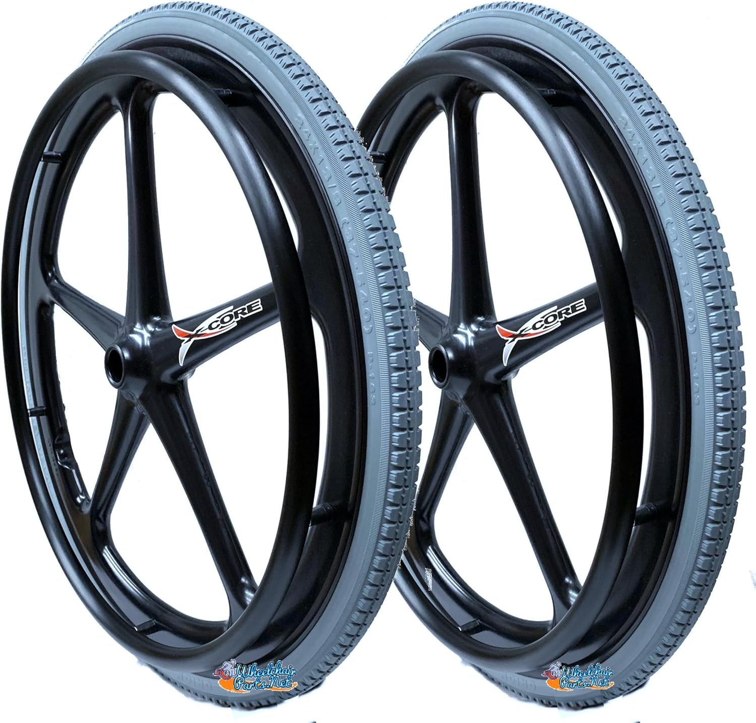 Set of 2 X-CORE Rear Wheelchair-WHELS 24" X1 3/8" (540) Black Color with Everyday Street Tires & Push Rims
