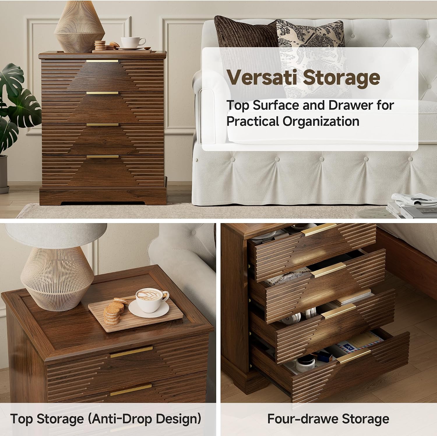 Gyfimoie Tall Nightstand with 4 Drawers Walnut Fluted Bedside Table | Stylish Fluted Design, Rich Walnut Finish, Gold Bar Pulls