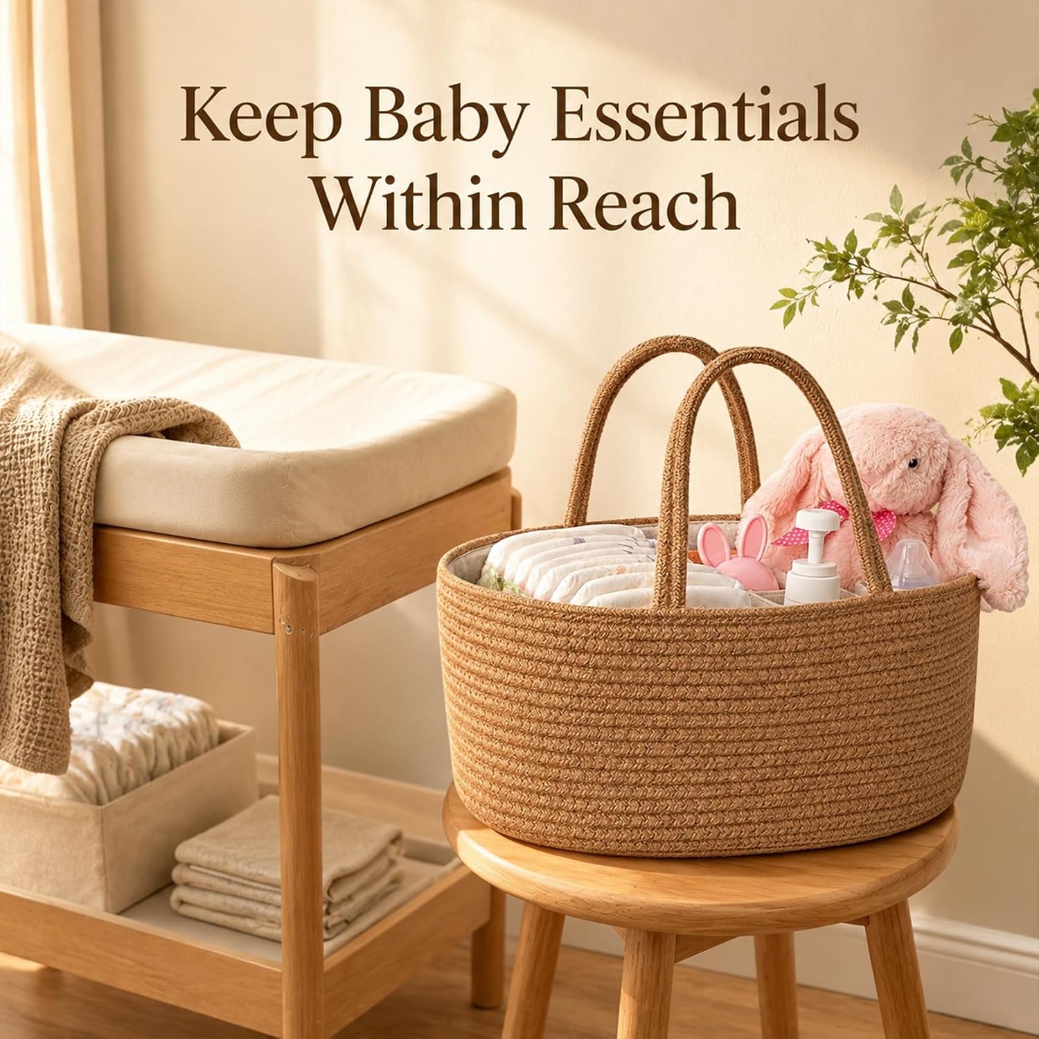 ABenkle Diaper Caddy Organizer - Cotton Rope Nursery Storage Basket for Baby Essentials, Boys & Girls Shower Gift, Changing Table Organizer