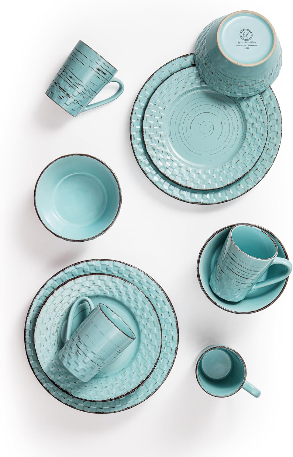 Lorren Home Trends Distressed Weave Dinnerware Set, Buttercup, 16 Piece | Service for 4
