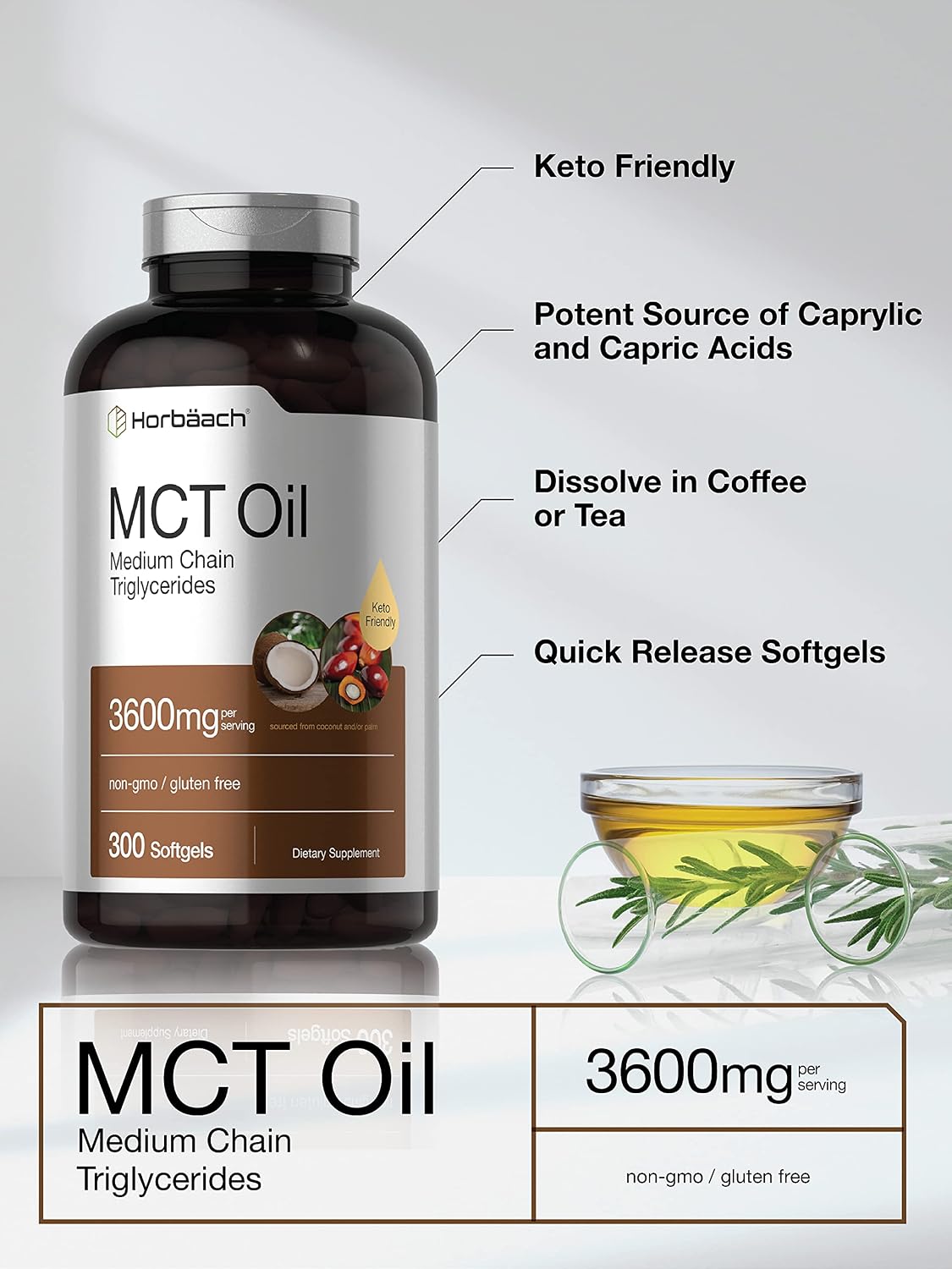 Horbäach MCT Oil Supplement | 3600mg | 300 Softgels