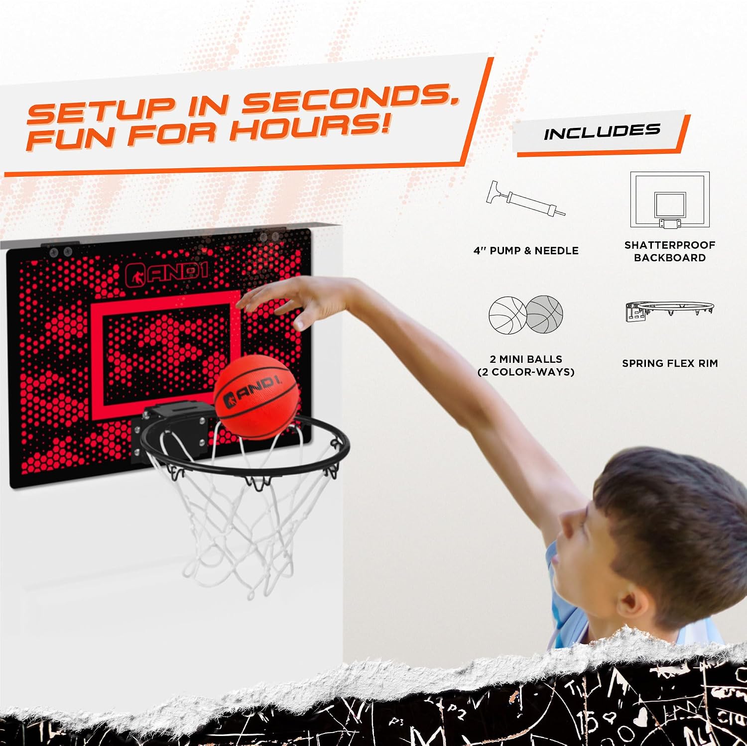 AND1 Over the Door Mini Basketball Hoop: 18x12 Shatterproof Backboard, 2 Mini Basketballs