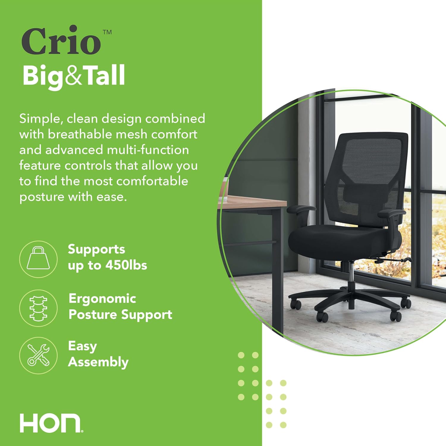 HON Crio Big and Tall Ergonomic Office Chair, Heavy Duty Desk Chair, Black | Big and tall ergonomic office desk chair for desk work, lumbar support, adjustable arms, mesh comfort, 450 lb capacity