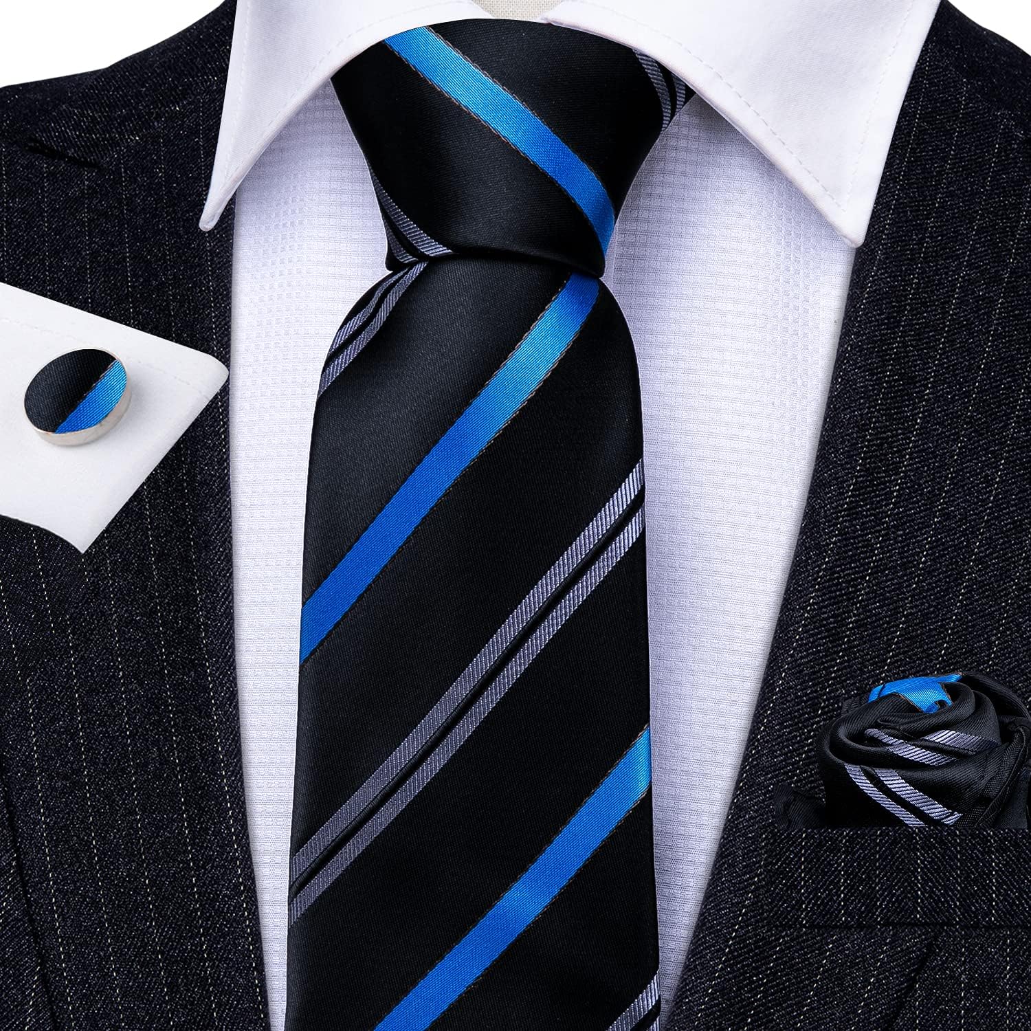 Barry.Wang Plaid Ties for Men Silk Necktie Handkerchief Cuff Links Set